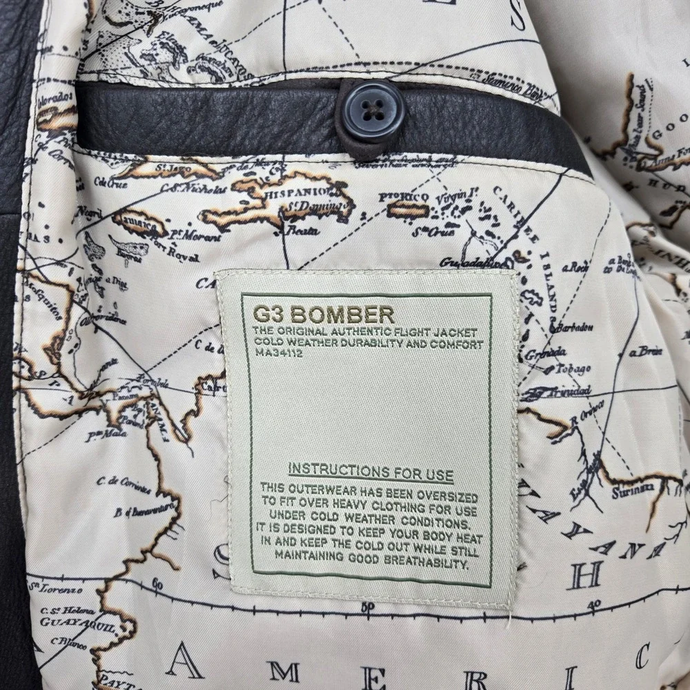 GIII G3 Mens L Brown Bomber Flight Jacket Full Zip Pockets Cool Classic Map‎